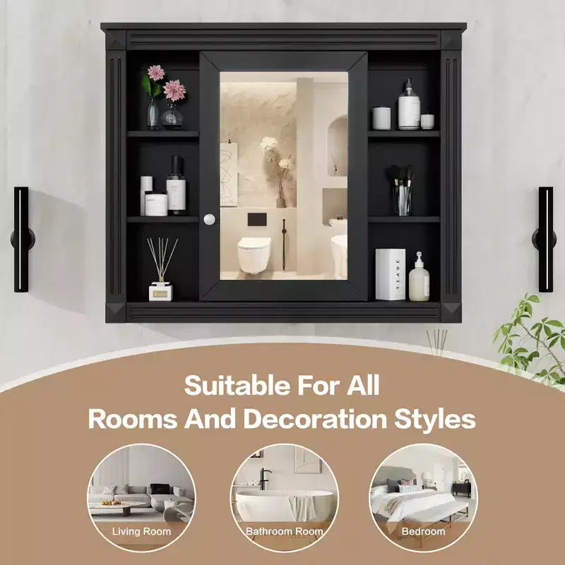Wandmontierter Badezimmerschrank mit 35' x 28', moderner Badezimmerschrank mit Spiegel, Spiegelschrank mit 6 offenen Ablagen, Schwarz