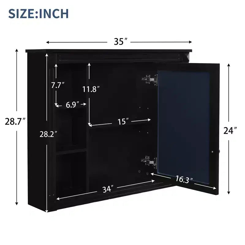 Wandmontierter Badezimmerschrank mit 35' x 28', moderner Badezimmerschrank mit Spiegel, Spiegelschrank mit 6 offenen Ablagen, Schwarz