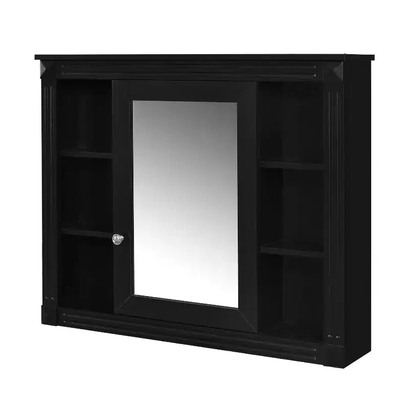 Wandmontierter Badezimmerschrank mit 35' x 28', moderner Badezimmerschrank mit Spiegel, Spiegelschrank mit 6 offenen Ablagen, Schwarz