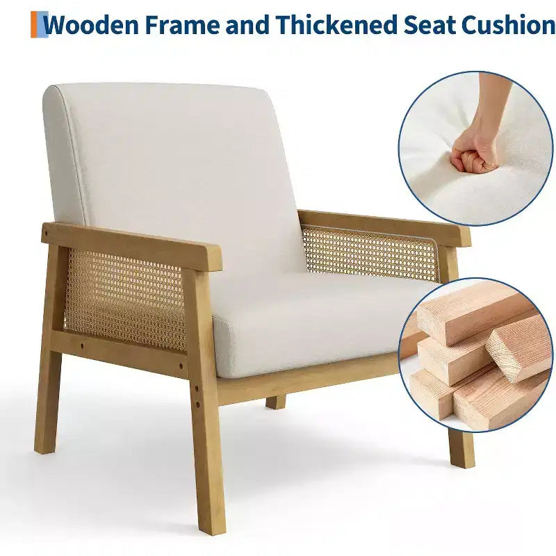 Sillón decorativo de ratán - sillón bouclé, sillón de lectura tapizado con estructura de madera, respaldo alto, sillón de descanso para sala de estar o dormitorio