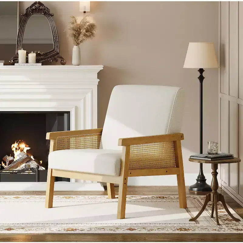 Sillón decorativo de ratán - sillón bouclé, sillón de lectura tapizado con estructura de madera, respaldo alto, sillón de descanso para sala de estar o dormitorio