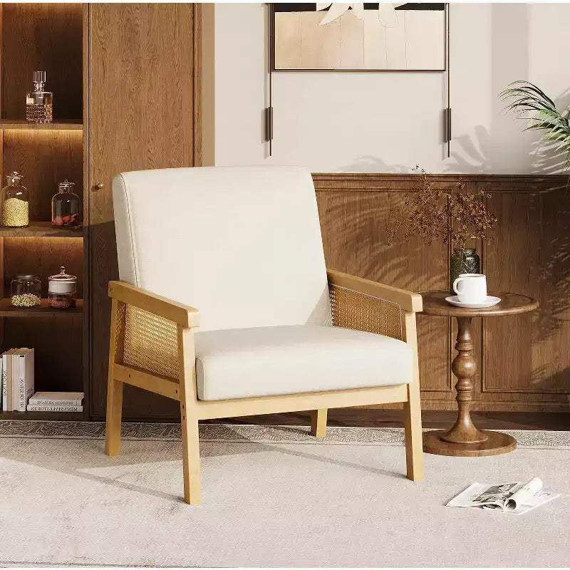 Sillón decorativo de ratán - sillón bouclé, sillón de lectura tapizado con estructura de madera, respaldo alto, sillón de descanso para sala de estar o dormitorio