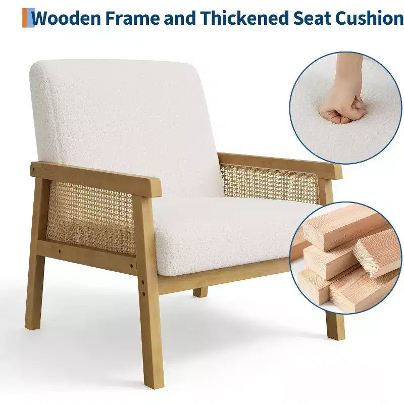 Sillón decorativo de ratán - sillón bouclé, sillón de lectura tapizado con estructura de madera, respaldo alto, sillón de descanso para sala de estar o dormitorio