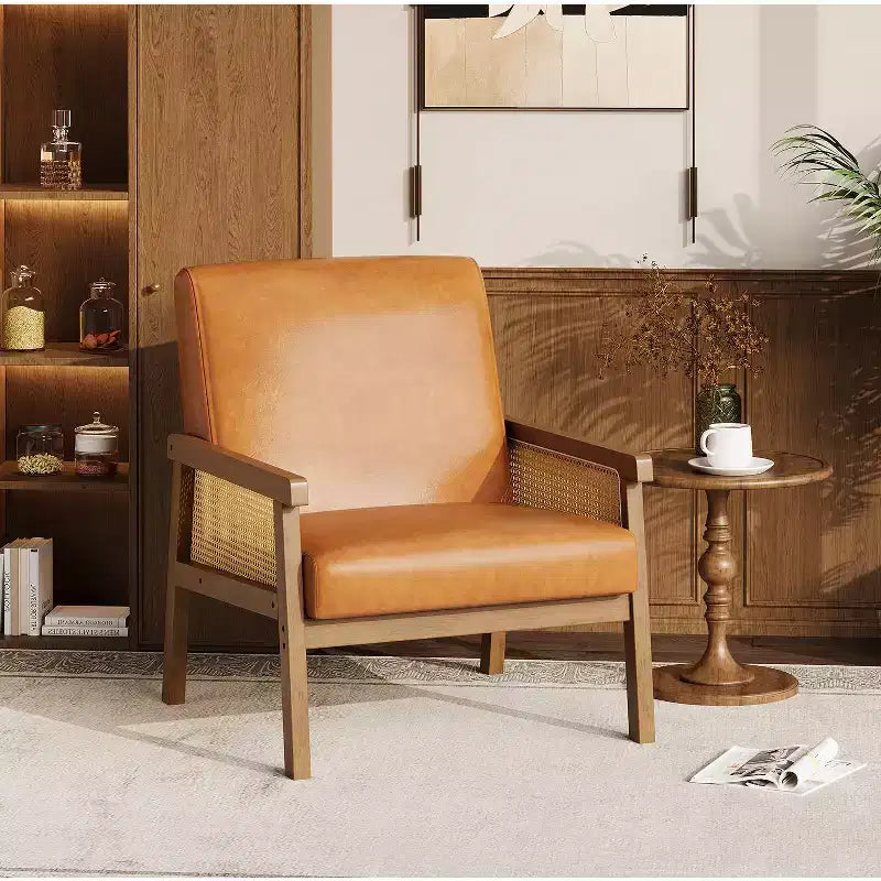 Sillón decorativo de ratán - sillón bouclé, sillón de lectura tapizado con estructura de madera, respaldo alto, sillón de descanso para sala de estar o dormitorio