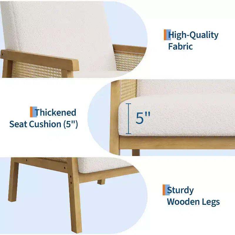 Sillón decorativo de ratán - sillón bouclé, sillón de lectura tapizado con estructura de madera, respaldo alto, sillón de descanso para sala de estar o dormitorio