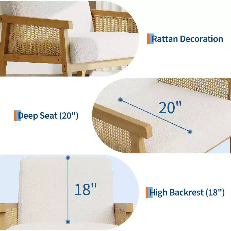Fauteuil d’appoint en rotin - fauteuil en tissu bouclé, fauteuil de lecture rembourré avec cadre en bois et dossier haut, fauteuil de détente pour le salon ou la chambre