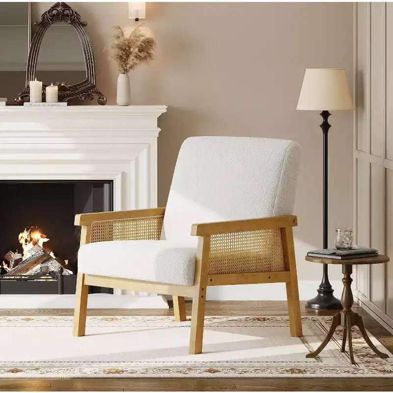 Fauteuil d’appoint en rotin - fauteuil en tissu bouclé, fauteuil de lecture rembourré avec cadre en bois et dossier haut, fauteuil de détente pour le salon ou la chambre
