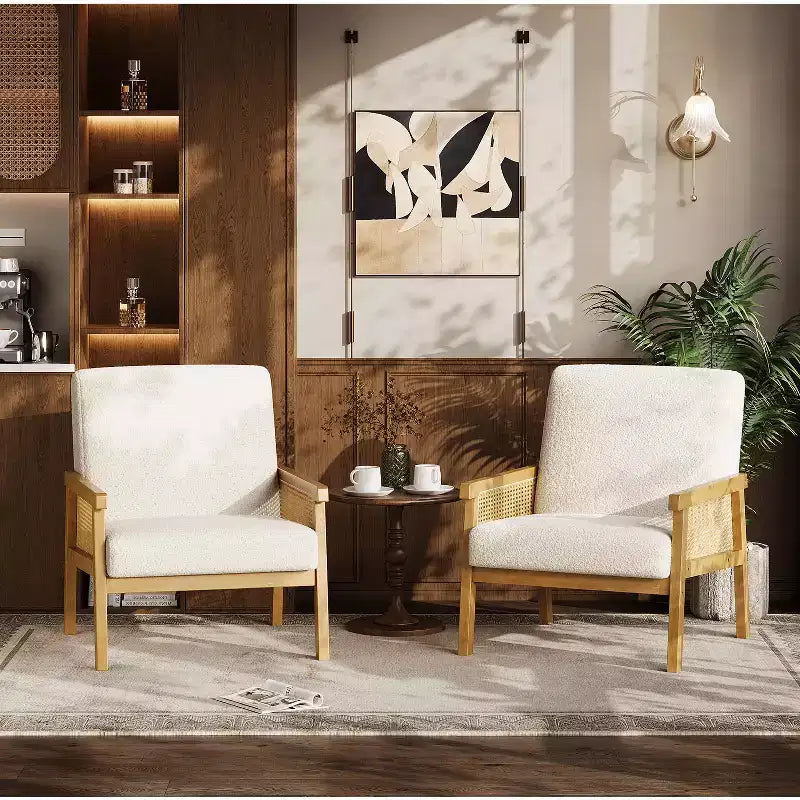 Fauteuil d’appoint en rotin - fauteuil en tissu bouclé, fauteuil de lecture rembourré avec cadre en bois et dossier haut, fauteuil de détente pour le salon ou la chambre