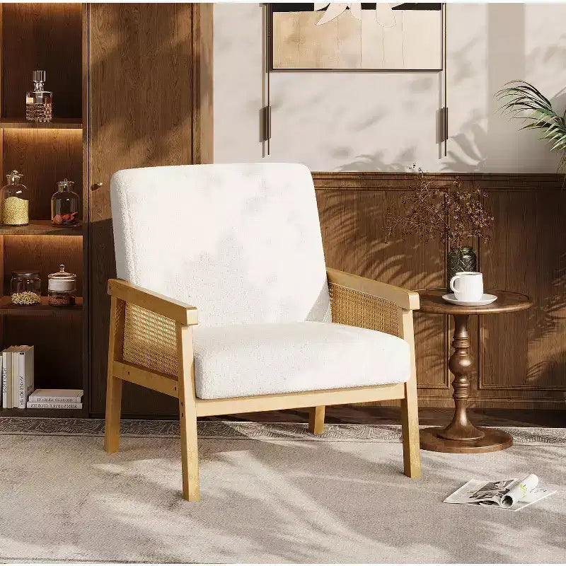 Sillón decorativo de ratán - sillón bouclé, sillón de lectura tapizado con estructura de madera, respaldo alto, sillón de descanso para sala de estar o dormitorio