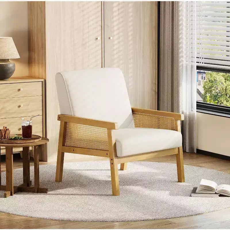 Fauteuil d’appoint en rotin - fauteuil en tissu bouclé, fauteuil de lecture rembourré avec cadre en bois et dossier haut, fauteuil de détente pour le salon ou la chambre