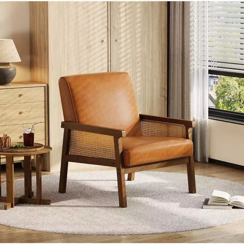 Fauteuil d’appoint en rotin - fauteuil en tissu bouclé, fauteuil de lecture rembourré avec cadre en bois et dossier haut, fauteuil de détente pour le salon ou la chambre