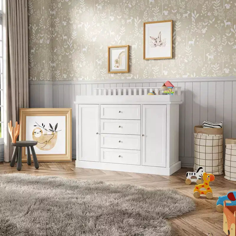 Cambiador blanco con cómoda, organizador espacioso para habitación infantil con cajones y armarios para pañales, ropa y juguetes