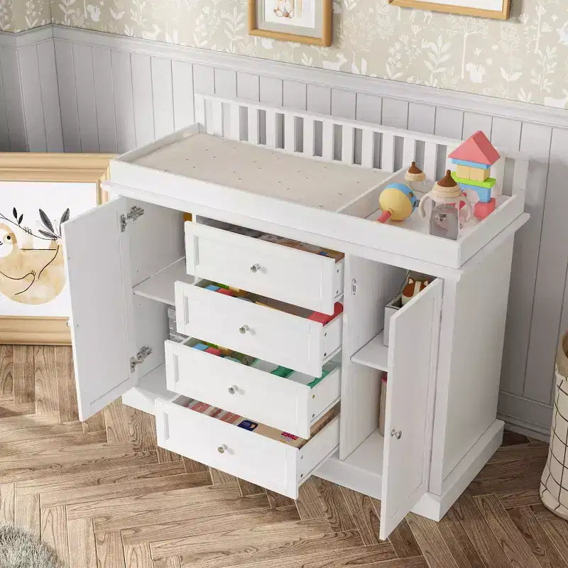 Weißer Wickeltisch mit Kommode, geräumiger Organizer fürs Kinderzimmer mit Schubladen und Schränken für Windeln, Kleidung und Spielzeug