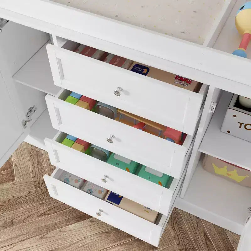 Cambiador blanco con cómoda, organizador espacioso para habitación infantil con cajones y armarios para pañales, ropa y juguetes