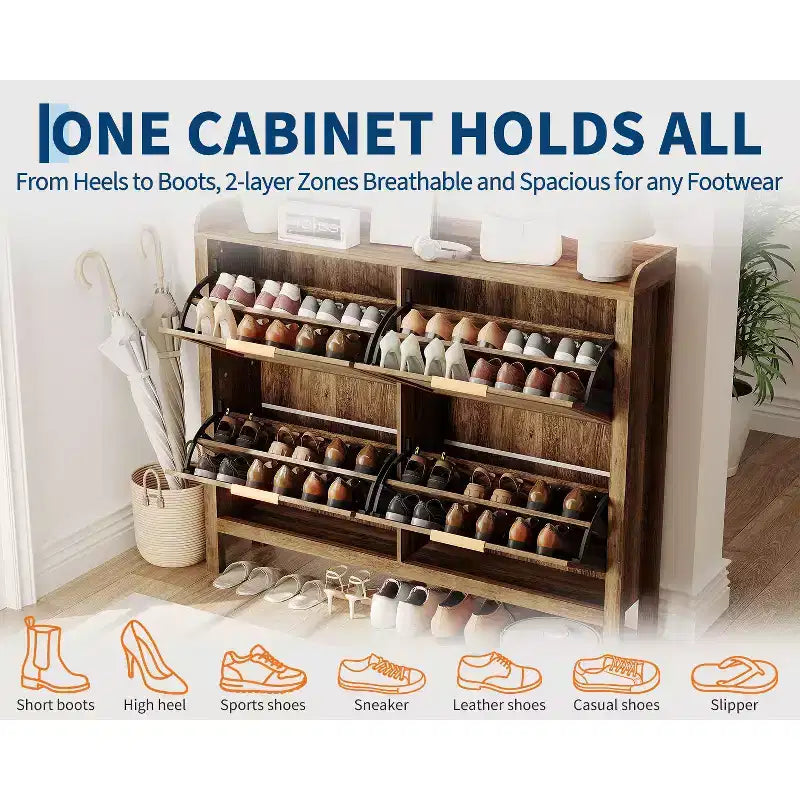 Schuhschrank aus Rattan mit 4 Klappschubladen, schmaler Boho-Farmhouse-Organizer für den Eingangsbereich
