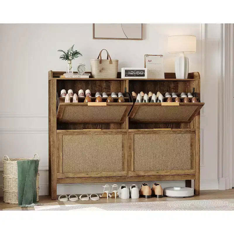 Schuhschrank aus Rattan mit 4 Klappschubladen, schmaler Boho-Farmhouse-Organizer für den Eingangsbereich