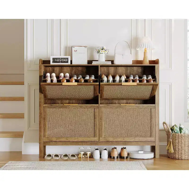 Schuhschrank aus Rattan mit 4 Klappschubladen, schmaler Boho-Farmhouse-Organizer für den Eingangsbereich