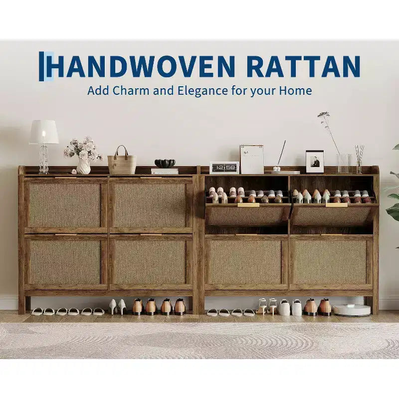 Schuhschrank aus Rattan mit 4 Klappschubladen, schmaler Boho-Farmhouse-Organizer für den Eingangsbereich