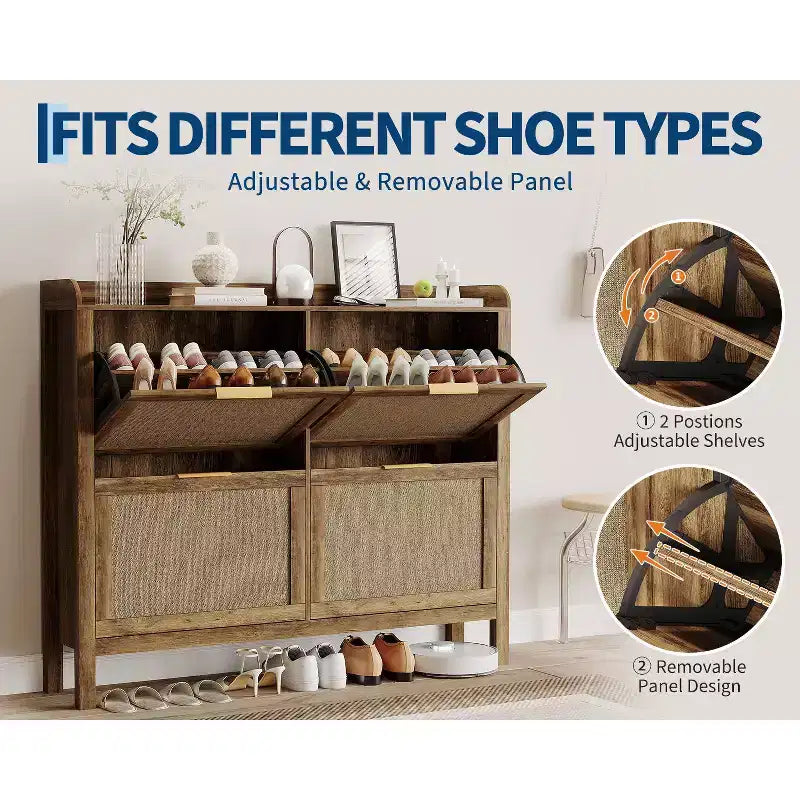 Schuhschrank aus Rattan mit 4 Klappschubladen, schmaler Boho-Farmhouse-Organizer für den Eingangsbereich