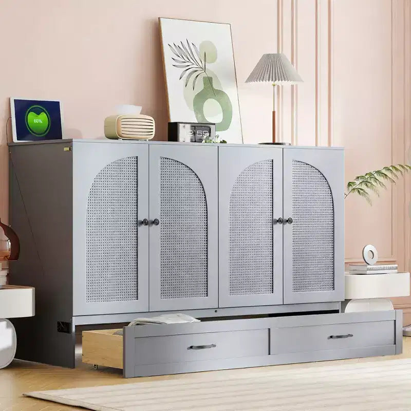 Cama abatible de ratán moderna tamaño queen con cajón grande para sala de estar y habitación de invitados