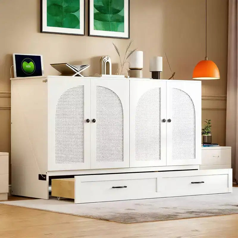 Cama abatible de ratán moderna tamaño queen con cajón grande para sala de estar y habitación de invitados