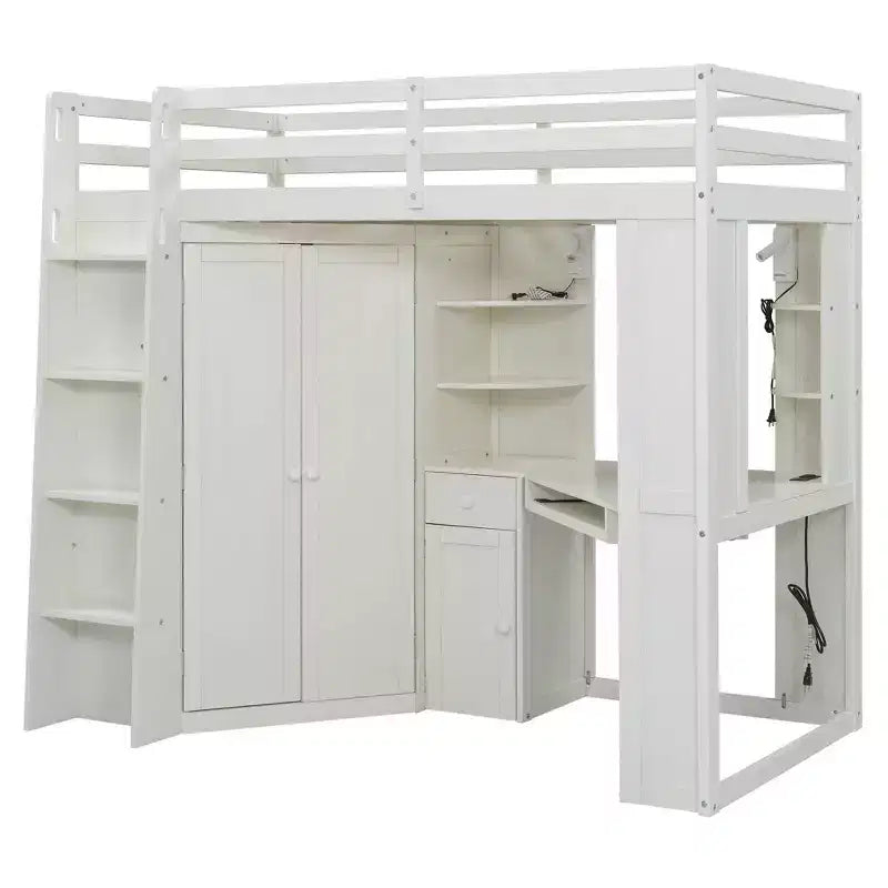 Lit mezzanine tout-en-un pour une personne avec penderie intégrée, bureau, étagères, plateau pour clavier et projecteur