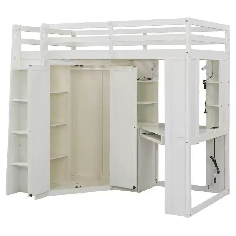 Lit mezzanine tout-en-un pour une personne avec penderie intégrée, bureau, étagères, plateau pour clavier et projecteur