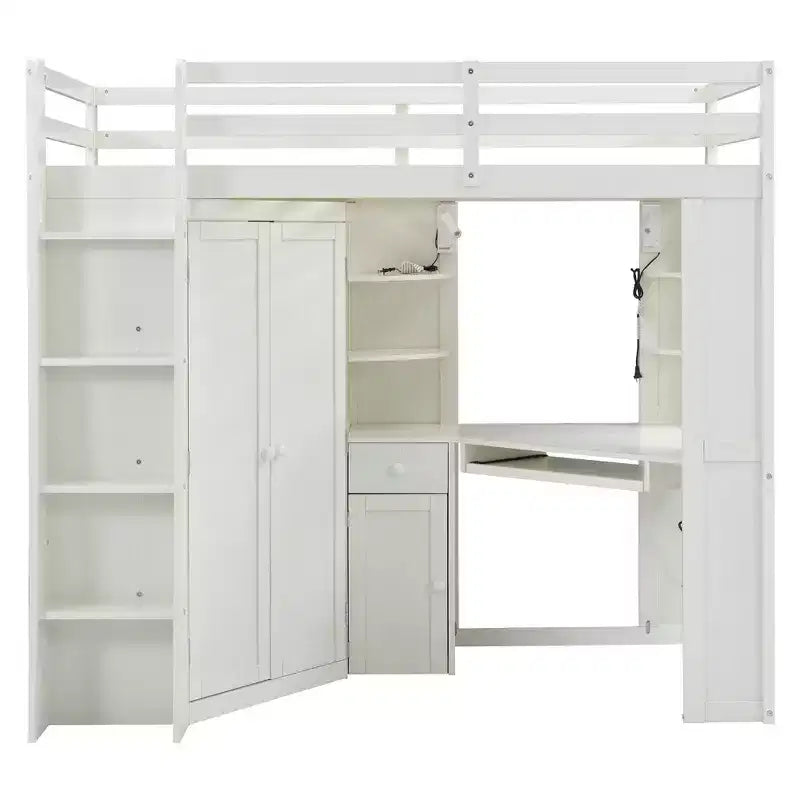 Lit mezzanine tout-en-un pour une personne avec penderie intégrée, bureau, étagères, plateau pour clavier et projecteur