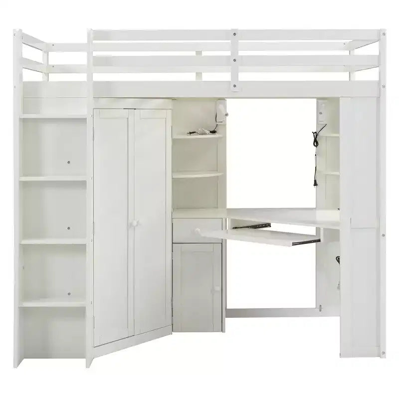 Lit mezzanine tout-en-un pour une personne avec penderie intégrée, bureau, étagères, plateau pour clavier et projecteur