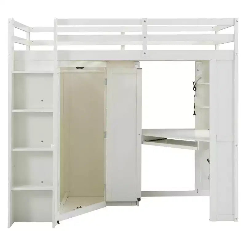 Lit mezzanine tout-en-un pour une personne avec penderie intégrée, bureau, étagères, plateau pour clavier et projecteur