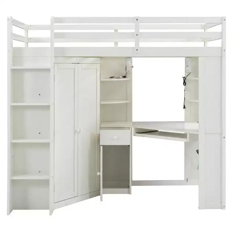 Lit mezzanine tout-en-un pour une personne avec penderie intégrée, bureau, étagères, plateau pour clavier et projecteur