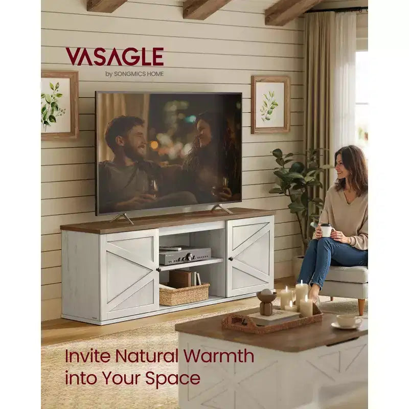 Farmhouse-TV-Ständer für Fernseher bis zu 80 Zoll, Entertainment-Center mit Aufbewahrungsschränken, Medienkonsole, rustikales Weiß und Honigbraun