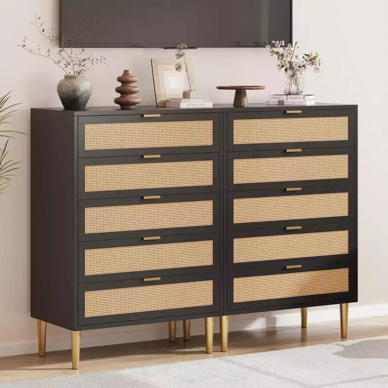 Kommode aus Rattan mit 5 Schubladen und goldenen Beinen, hoher Schubladenschrank für Schlafzimmer und Wohnzimmer