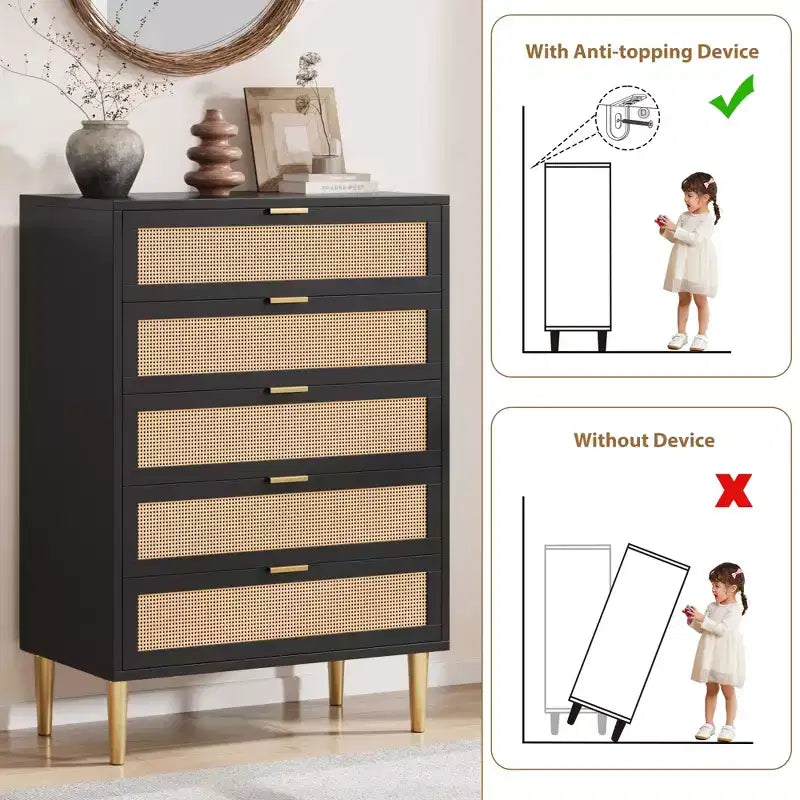 Kommode aus Rattan mit 5 Schubladen und goldenen Beinen, hoher Schubladenschrank für Schlafzimmer und Wohnzimmer