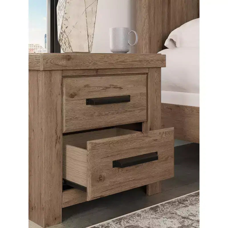 Table de chevet à deux tiroirs, aspect bois rustique brun clair avec recharge USB