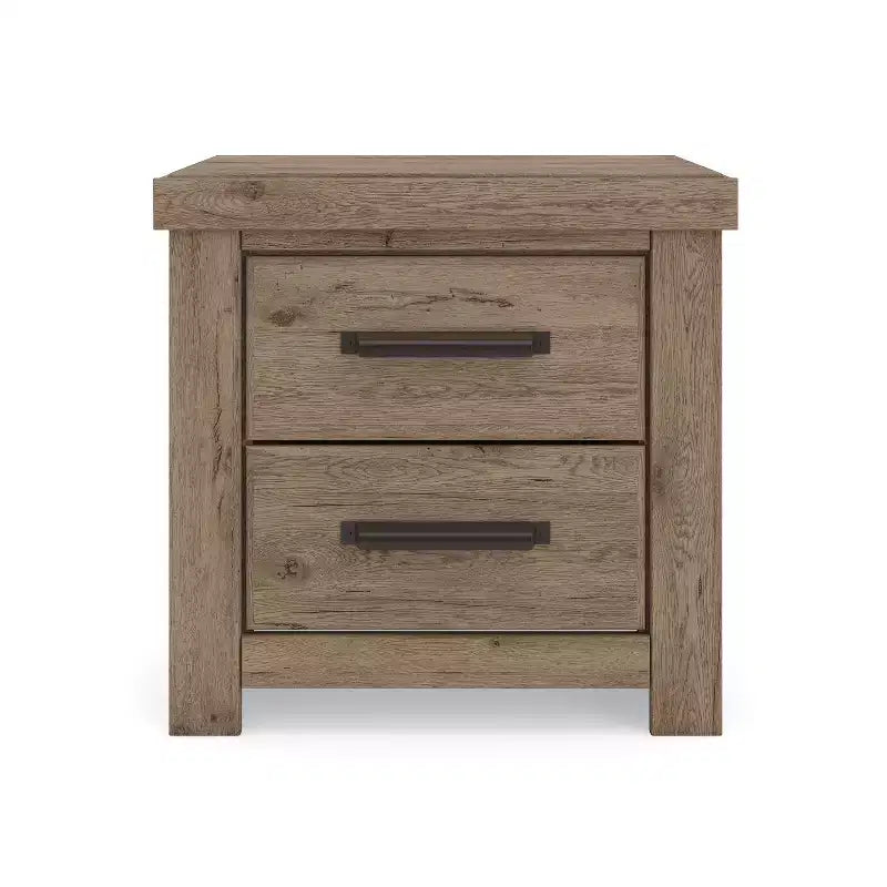 Table de chevet à deux tiroirs, aspect bois rustique brun clair avec recharge USB