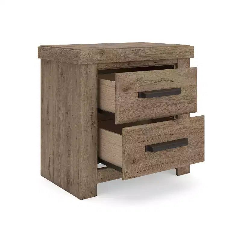 Nachttisch mit zwei Schubladen, rustikale Holzoptik in Hellbraun mit USB-Ladeanschluss