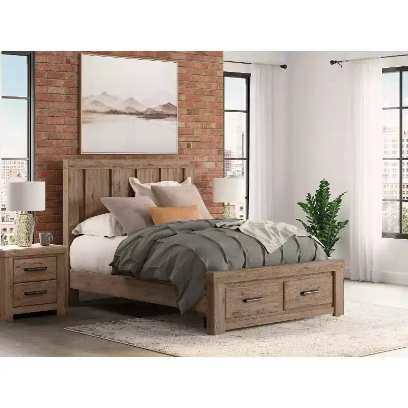 Table de chevet à deux tiroirs, aspect bois rustique brun clair avec recharge USB