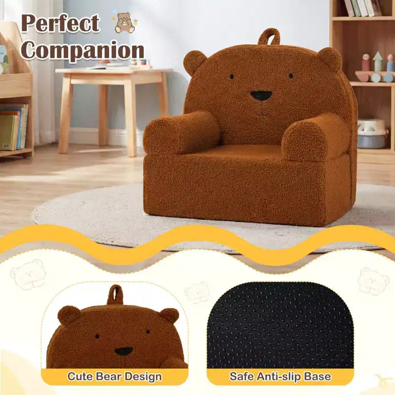 Kindersofa in Bärenform, Schaumstoffsofa für Kleinkinder mit weichem Fleece-Bezug, Braun/Grau/Marineblau/Rosa