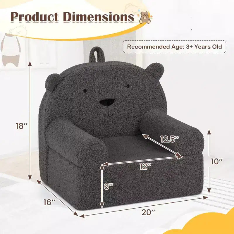 Kindersofa in Bärenform, Schaumstoffsofa für Kleinkinder mit weichem Fleece-Bezug, Braun/Grau/Marineblau/Rosa