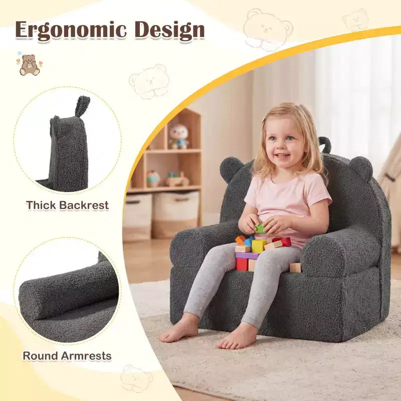Kindersofa in Bärenform, Schaumstoffsofa für Kleinkinder mit weichem Fleece-Bezug, Braun/Grau/Marineblau/Rosa