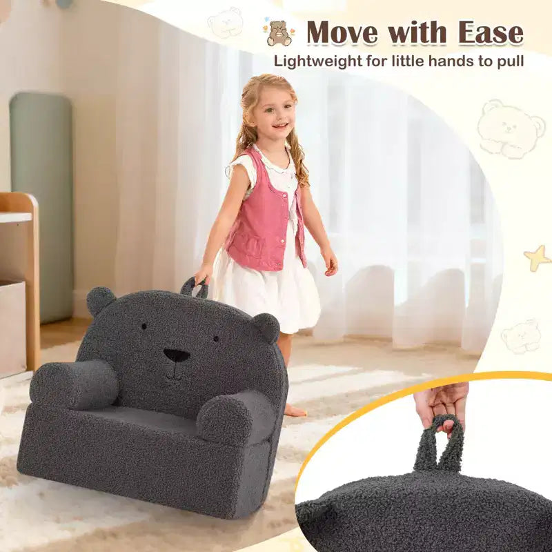Kindersofa in Bärenform, Schaumstoffsofa für Kleinkinder mit weichem Fleece-Bezug, Braun/Grau/Marineblau/Rosa