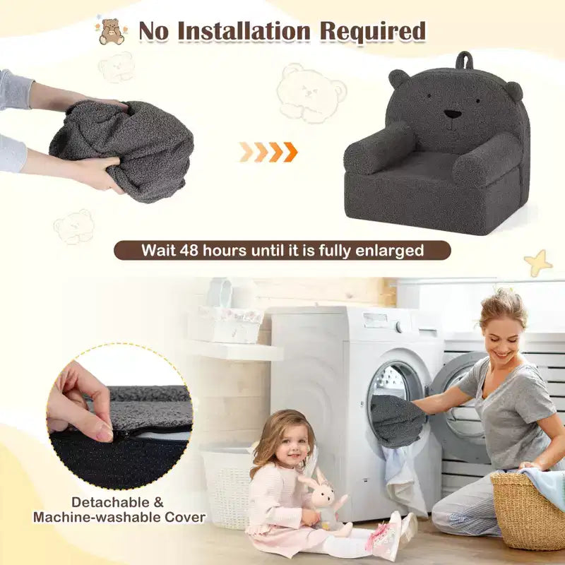 Kindersofa in Bärenform, Schaumstoffsofa für Kleinkinder mit weichem Fleece-Bezug, Braun/Grau/Marineblau/Rosa