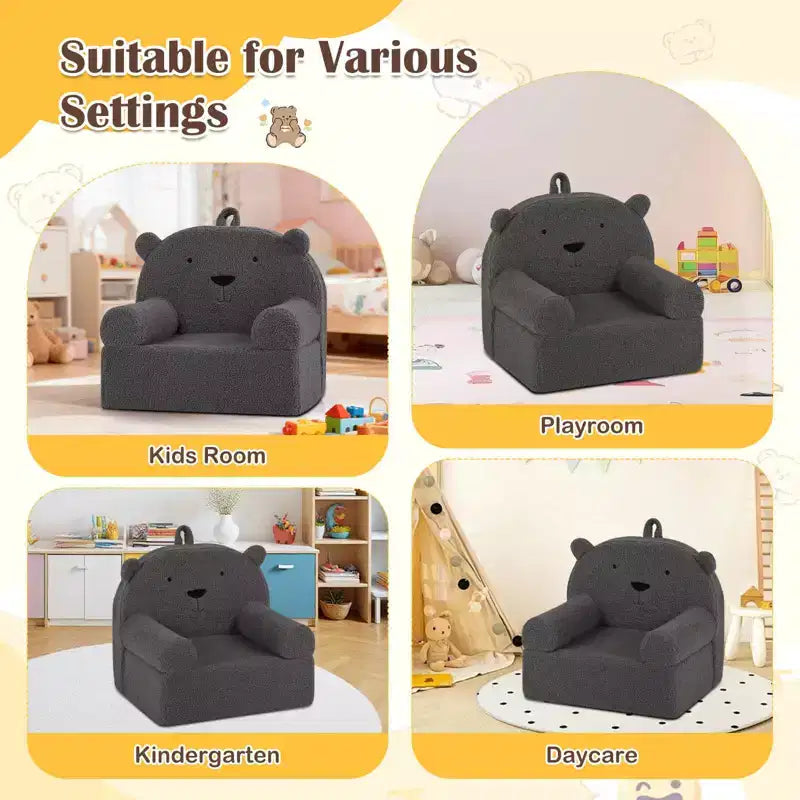 Kindersofa in Bärenform, Schaumstoffsofa für Kleinkinder mit weichem Fleece-Bezug, Braun/Grau/Marineblau/Rosa