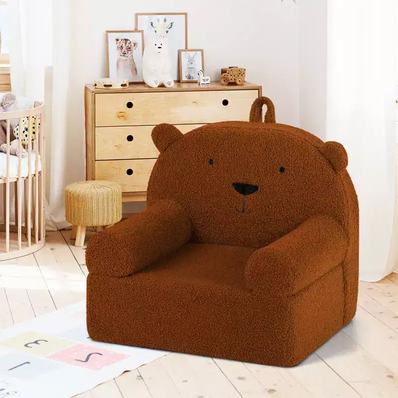 Kindersofa in Bärenform, Schaumstoffsofa für Kleinkinder mit weichem Fleece-Bezug, Braun/Grau/Marineblau/Rosa