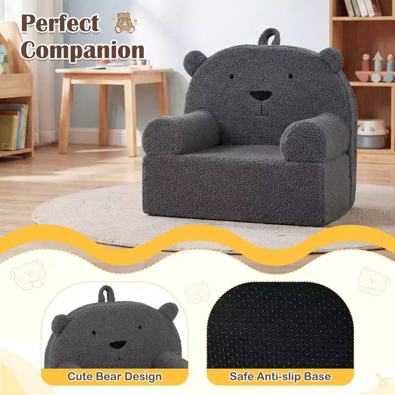 Kindersofa in Bärenform, Schaumstoffsofa für Kleinkinder mit weichem Fleece-Bezug, Braun/Grau/Marineblau/Rosa