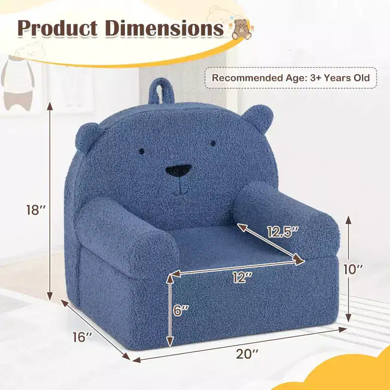 Kindersofa in Bärenform, Schaumstoffsofa für Kleinkinder mit weichem Fleece-Bezug, Braun/Grau/Marineblau/Rosa