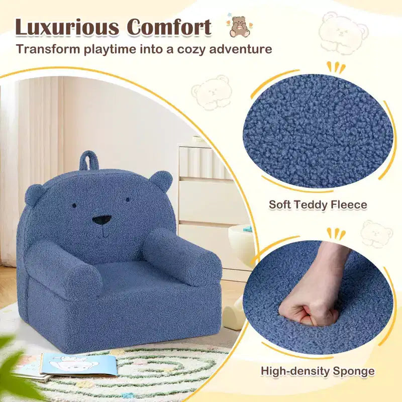 Kindersofa in Bärenform, Schaumstoffsofa für Kleinkinder mit weichem Fleece-Bezug, Braun/Grau/Marineblau/Rosa