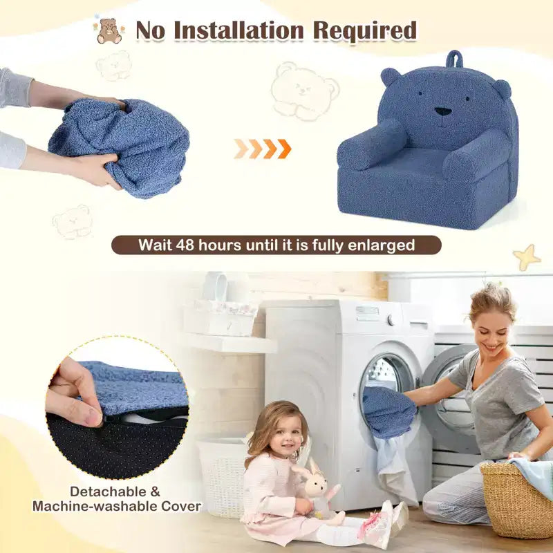 Kindersofa in Bärenform, Schaumstoffsofa für Kleinkinder mit weichem Fleece-Bezug, Braun/Grau/Marineblau/Rosa