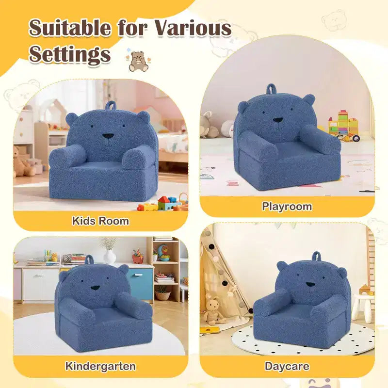 Kindersofa in Bärenform, Schaumstoffsofa für Kleinkinder mit weichem Fleece-Bezug, Braun/Grau/Marineblau/Rosa